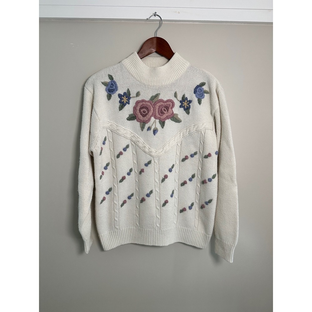 Alfred Dunner Floral Sweater Women L Cream EUC Vintage Embroidered Mock Neck